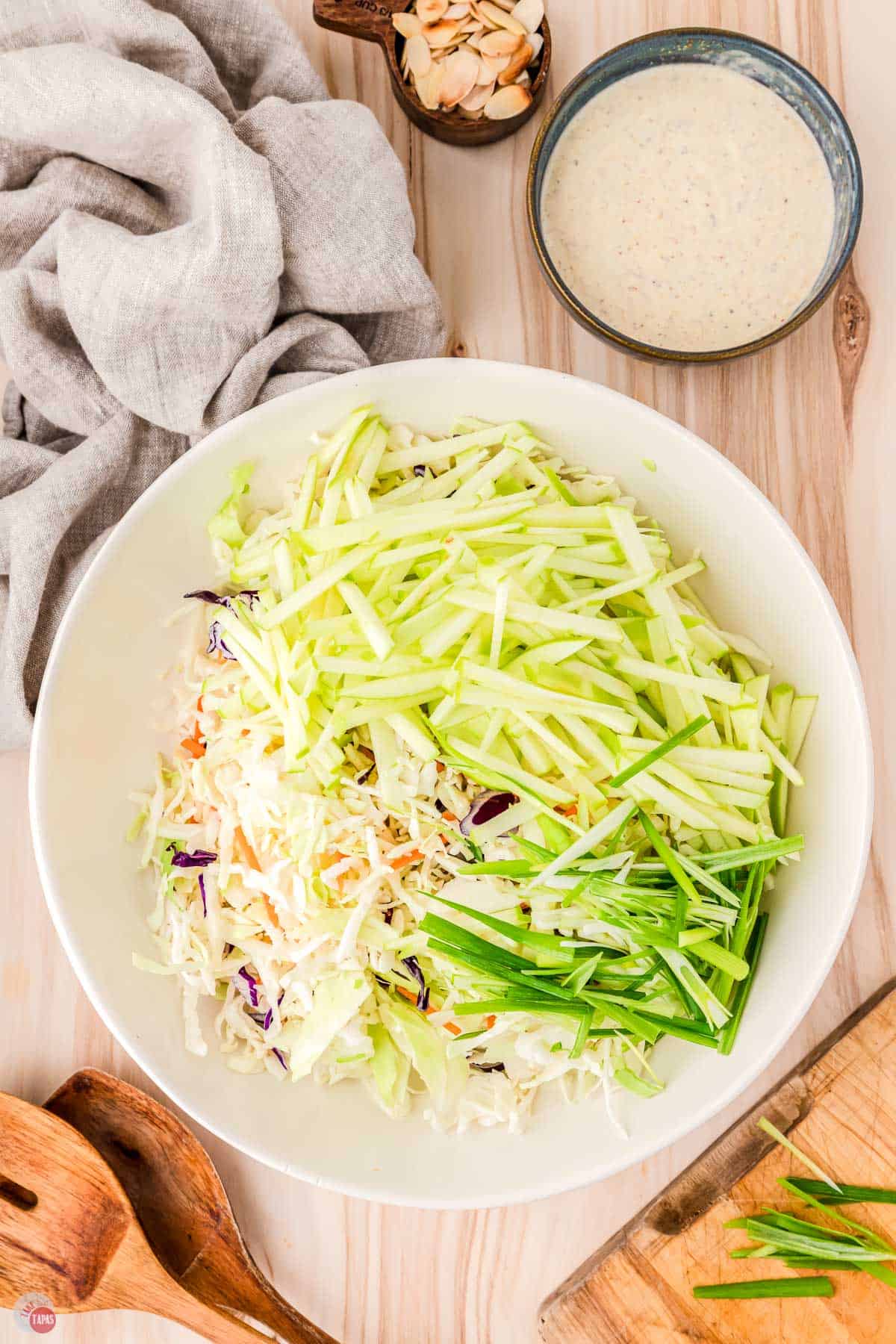 slaw mix topped with sliced apple and green onion