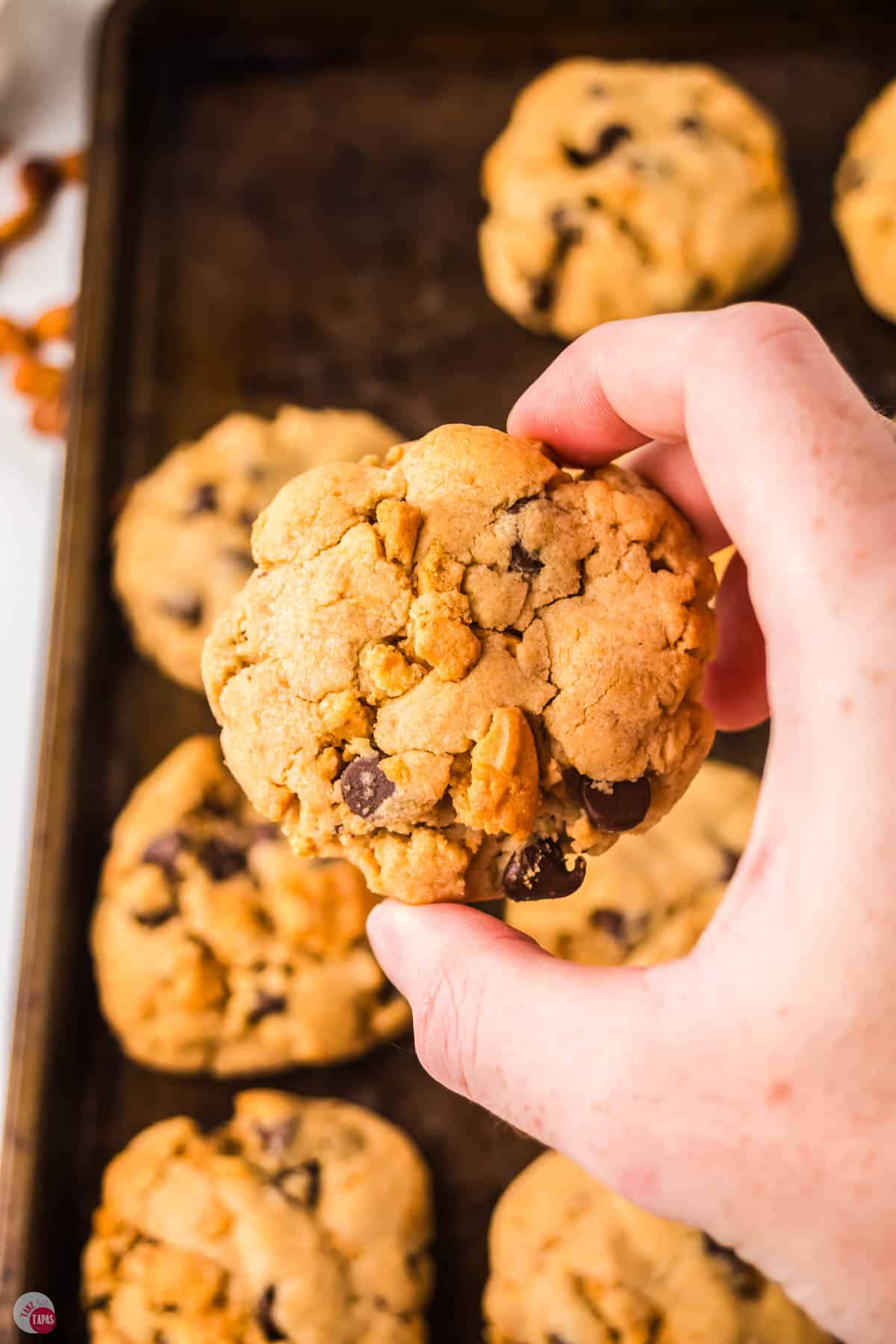 hand grabbing cookie off of a platter
