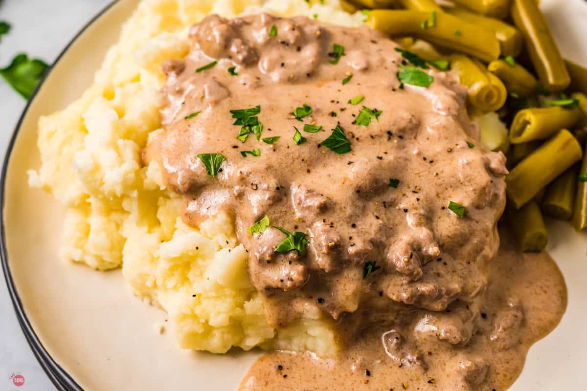 close up of hamburger gravy and mashed potatoes