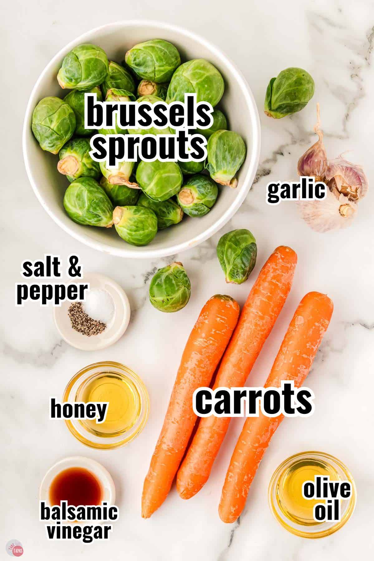 ingredients for a roasted vegetable recipe with text overlay labeling them