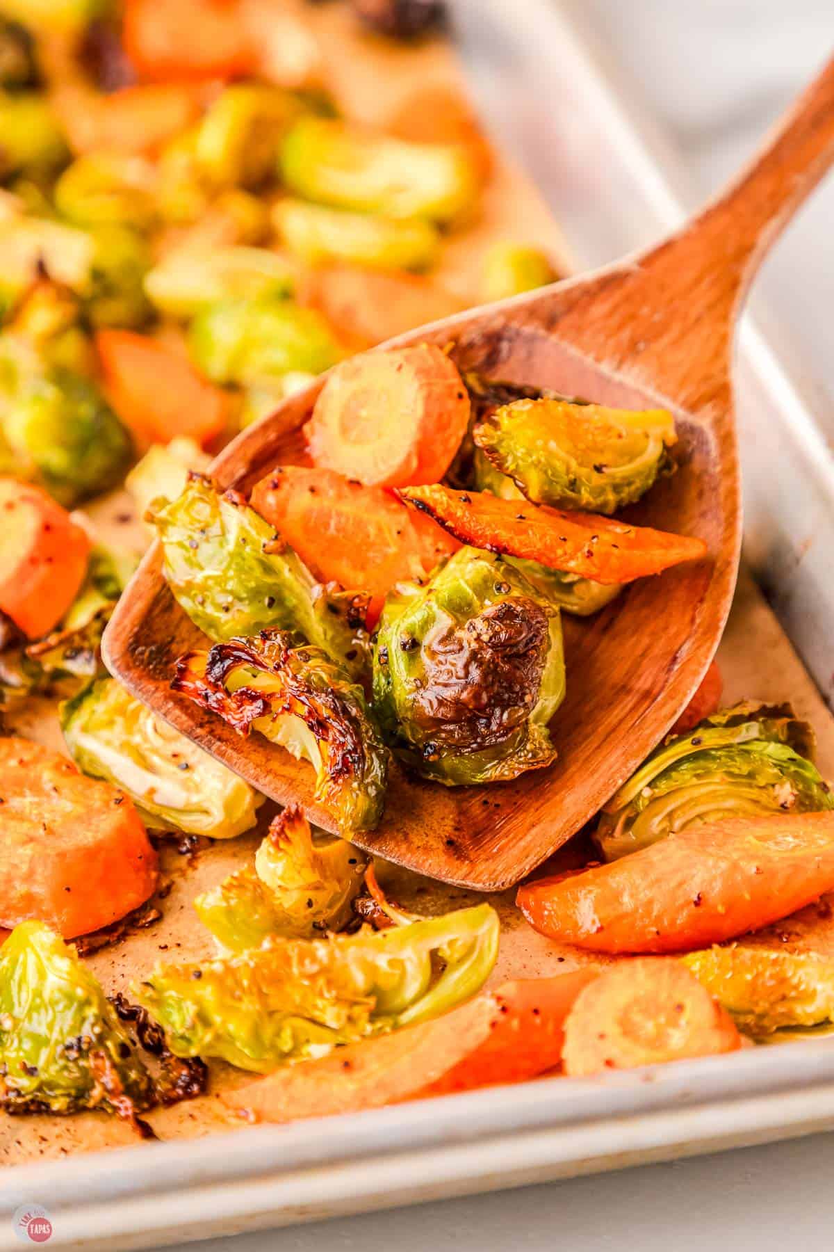 wood spoon with scoop of carrots and brussels sprouts