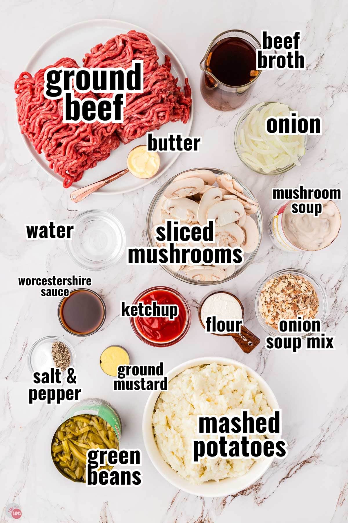 ingredients for a ground beef casserole in individual bowls with text overlay labeling them
