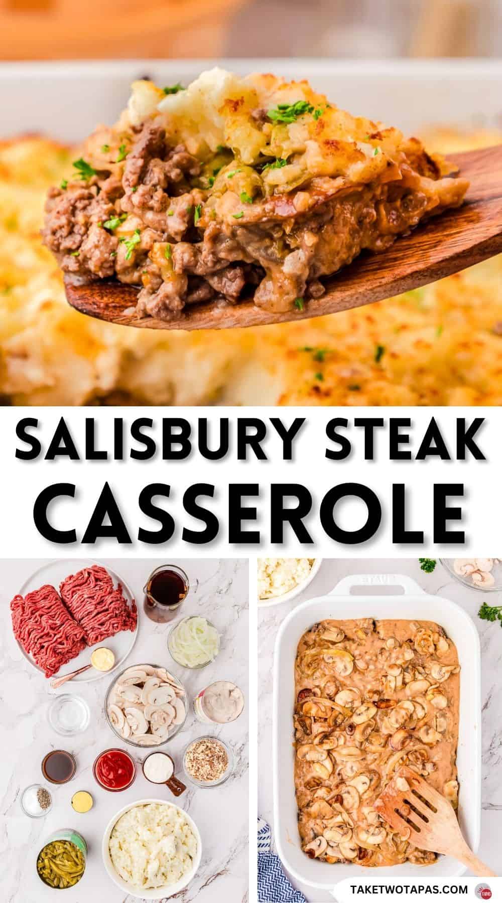 Pinterest pin image for salisbury steak casserole