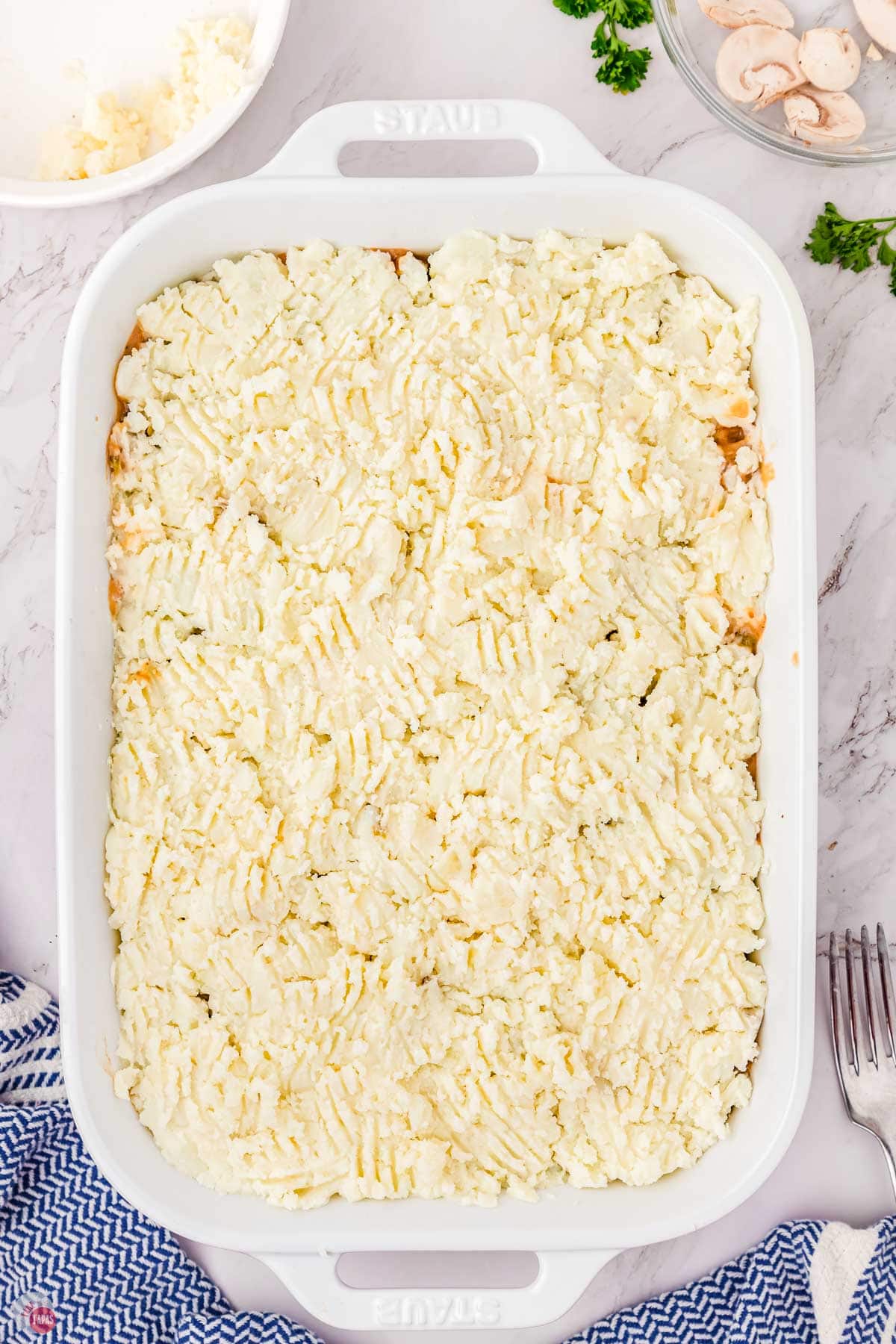 casserole with mashed potatoes on top
