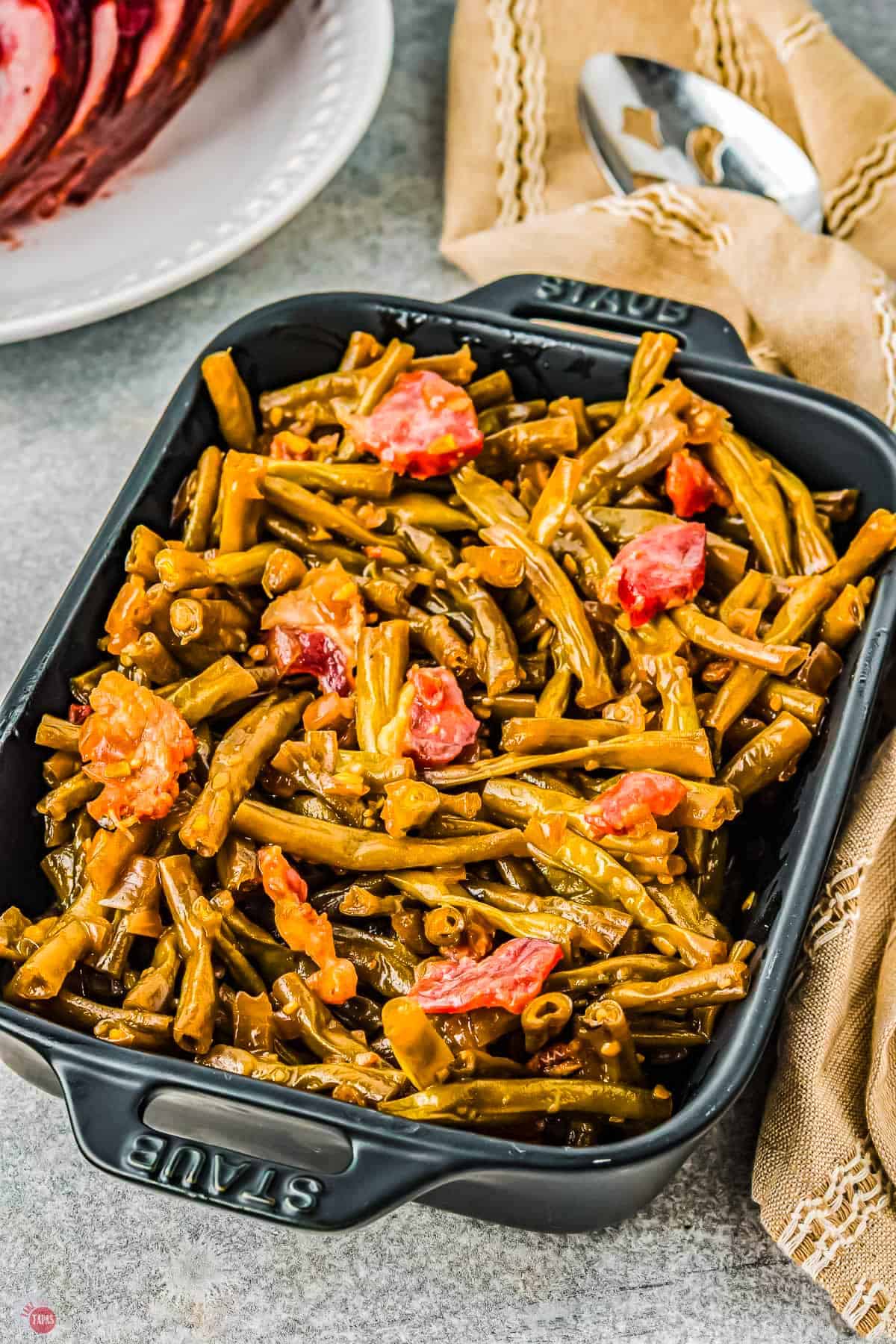 casserole dish of smothered green beans