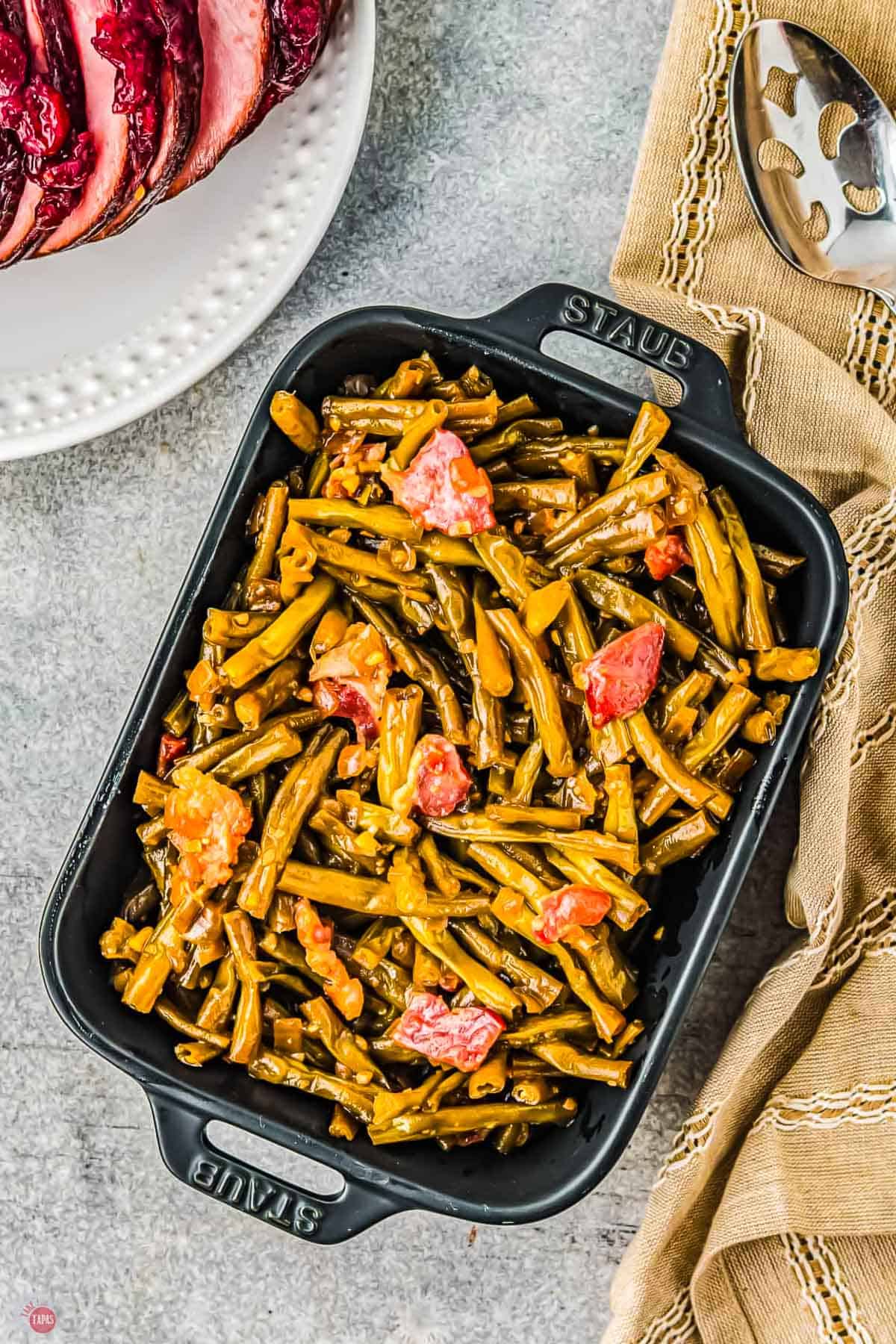 casserole dish of smothered green beans