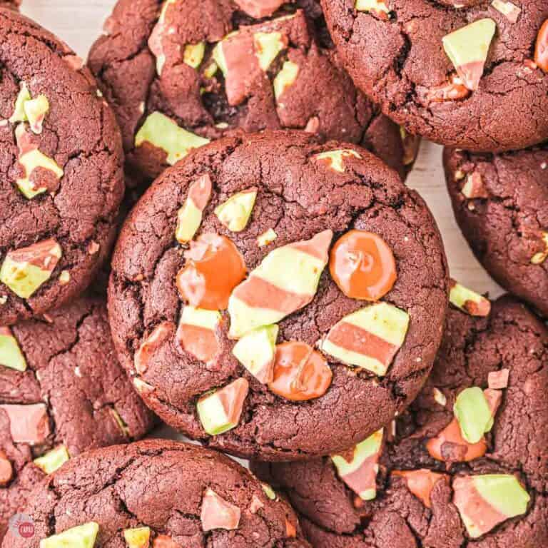 close up of chocolate cookies with mint pieces