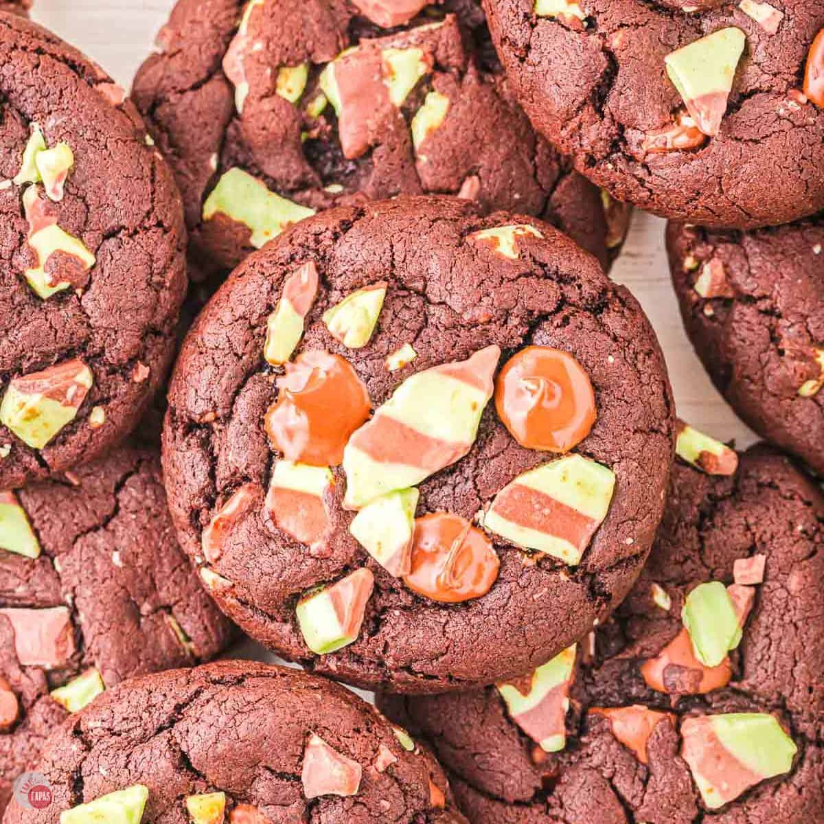 close up of chocolate cookies with mint pieces