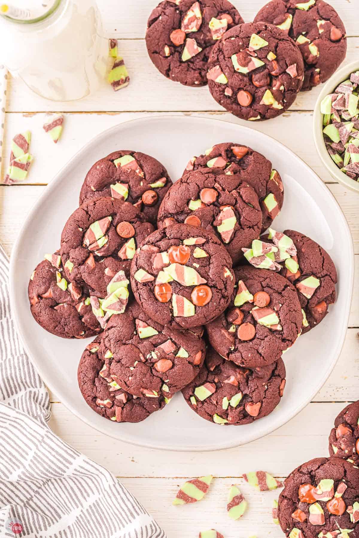 white platter with cookies stacked on it
