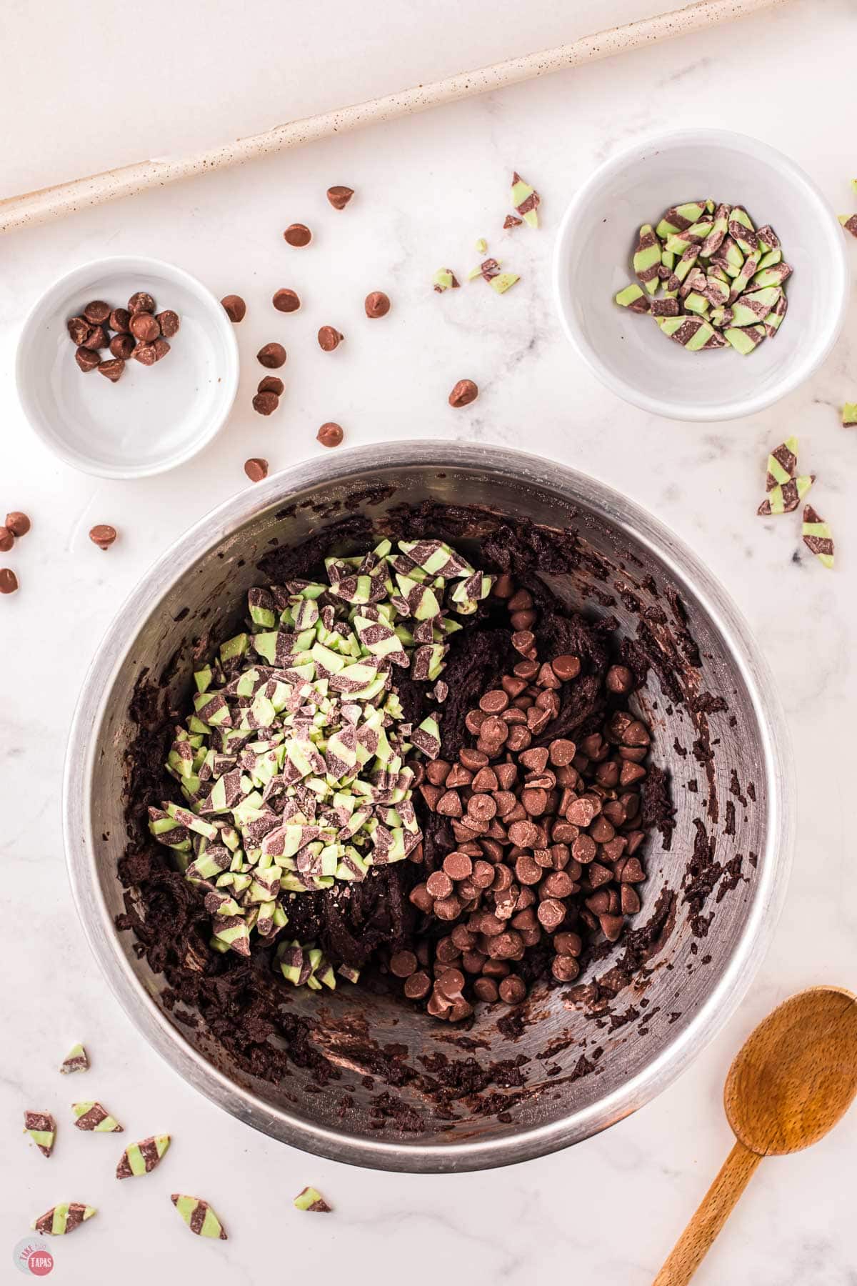 raw chocolate cookie dough with mint chips in it