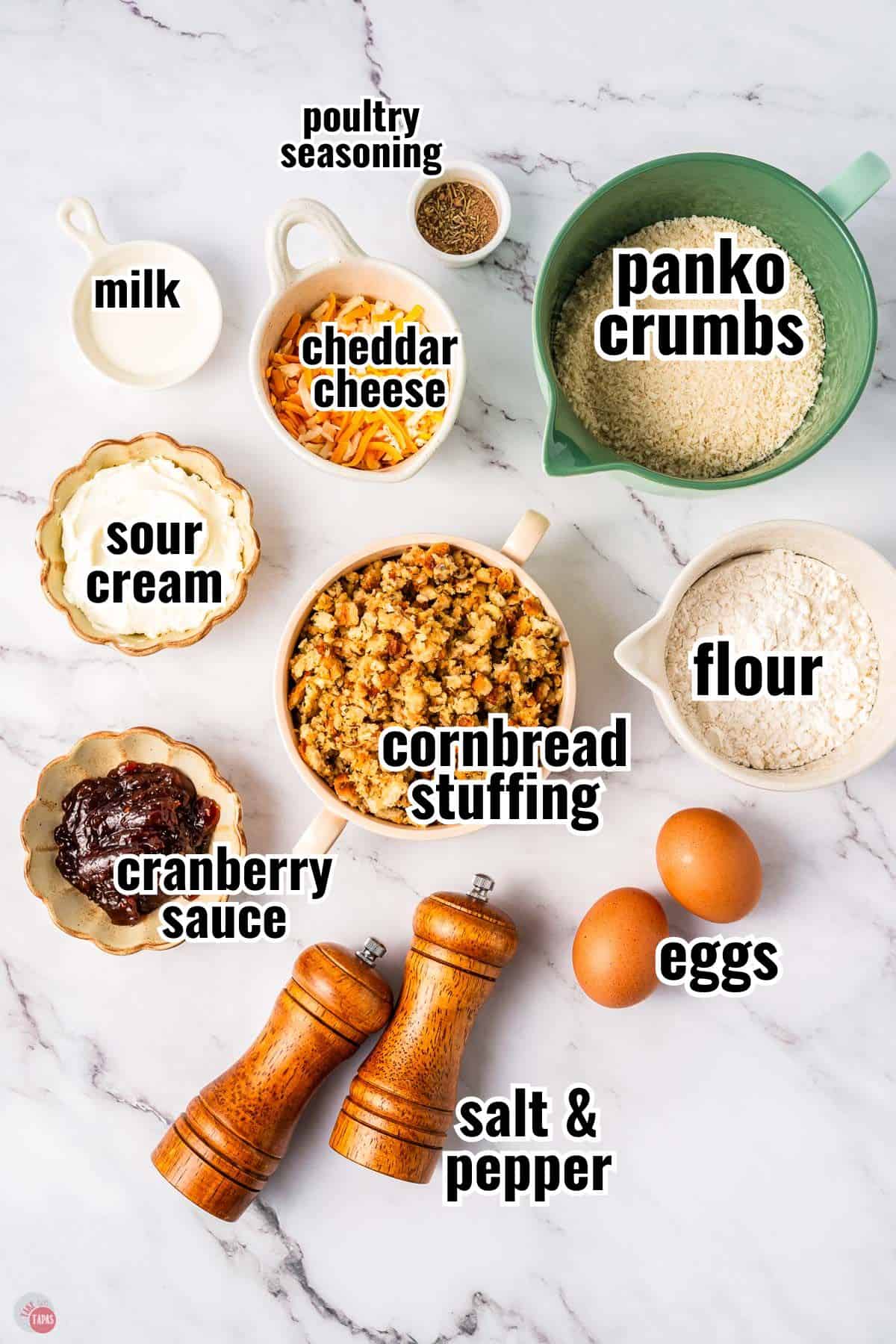 ingredients to make stuffing balls in individual bowls with text overlay labeling them