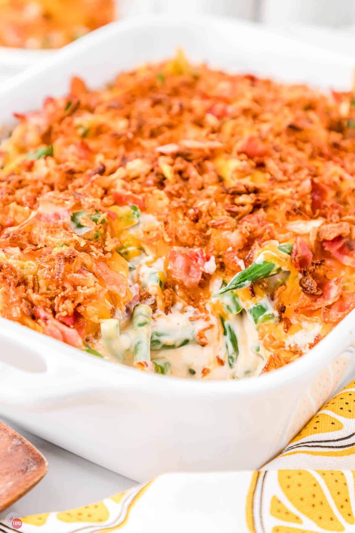 close up of layers in a white casserole dish