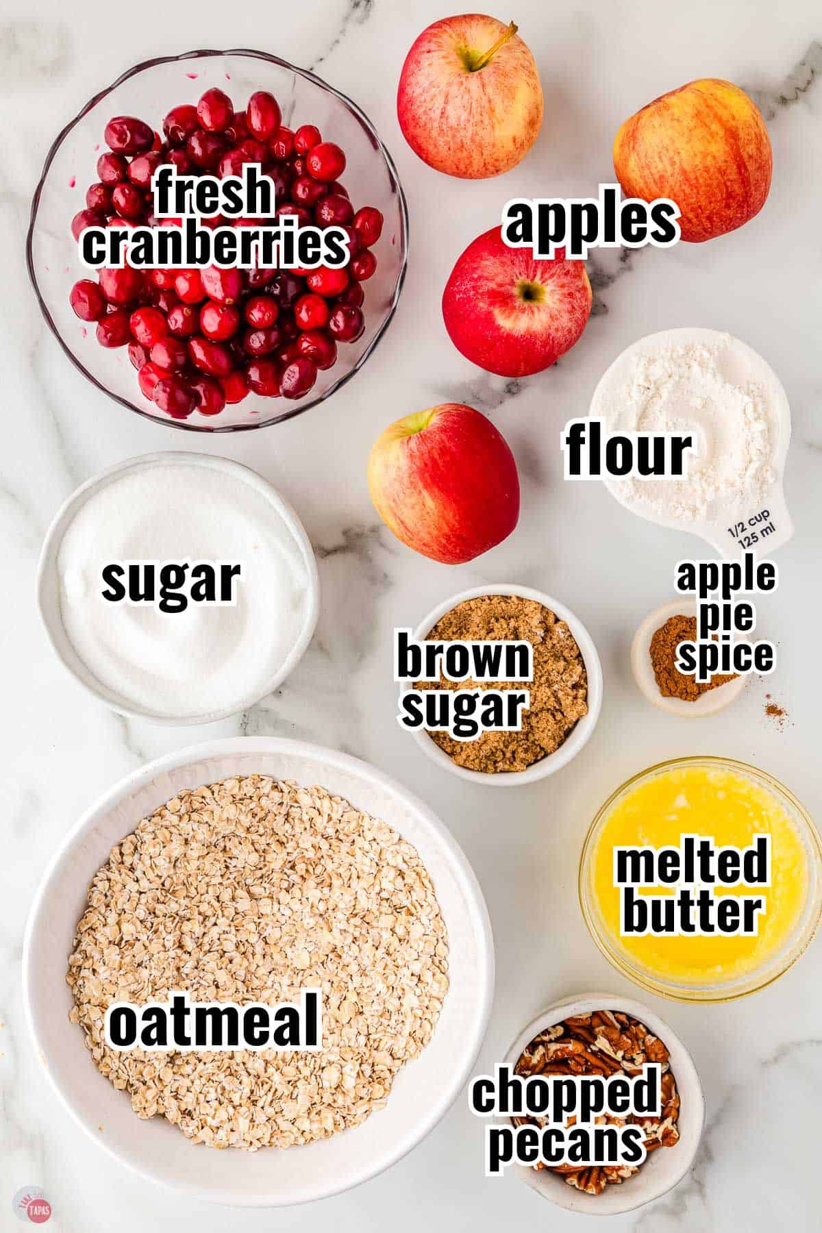 ingredients in individual bowls with text overlay labeling them