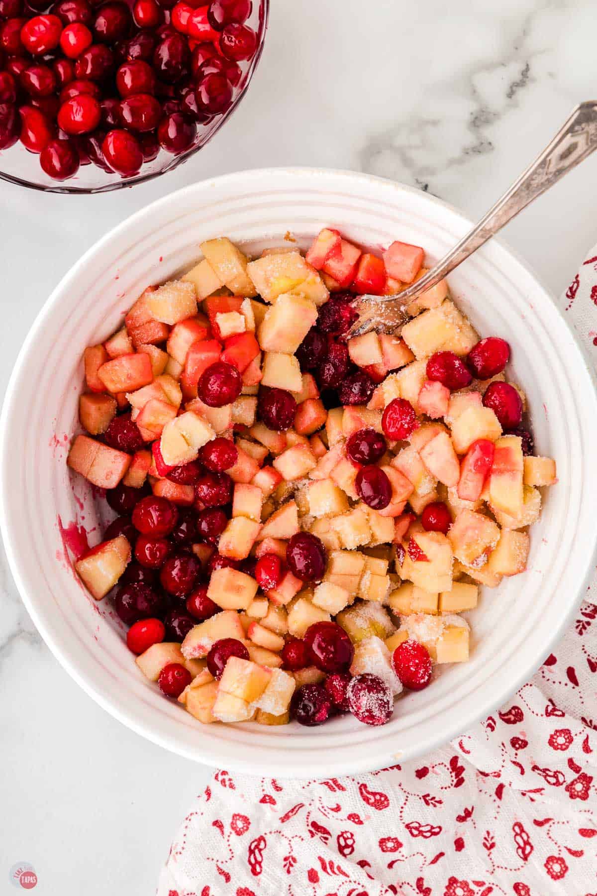fresh cranberries and diced apples in a white bowl with a spoon