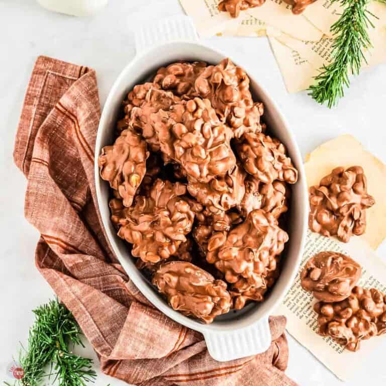 overhead picture of dish of chocolate peanut clusters