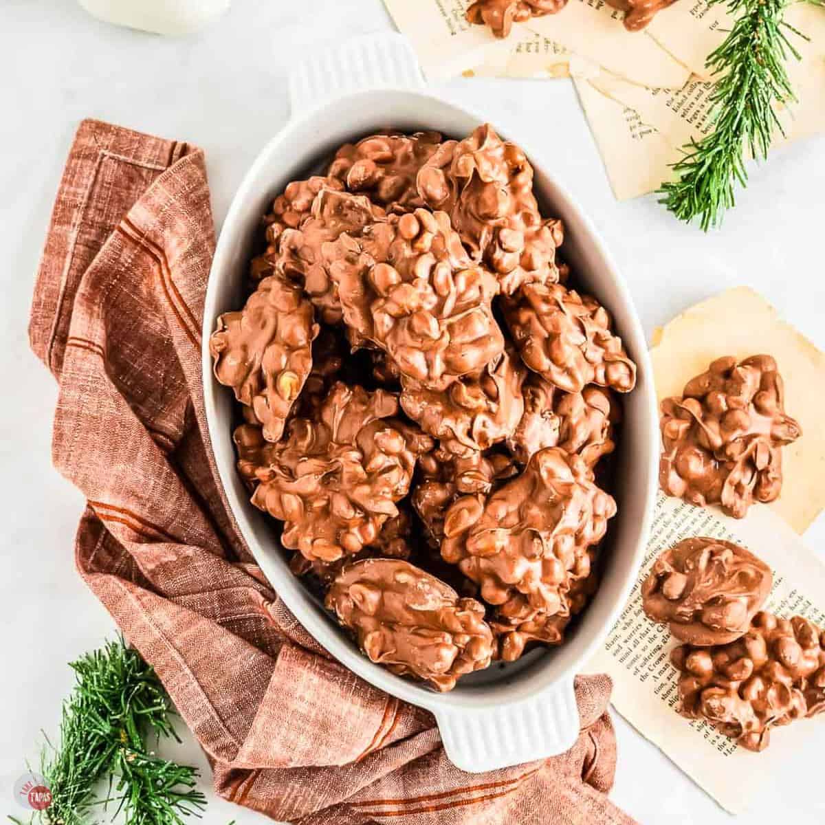 overhead picture of dish of chocolate peanut clusters