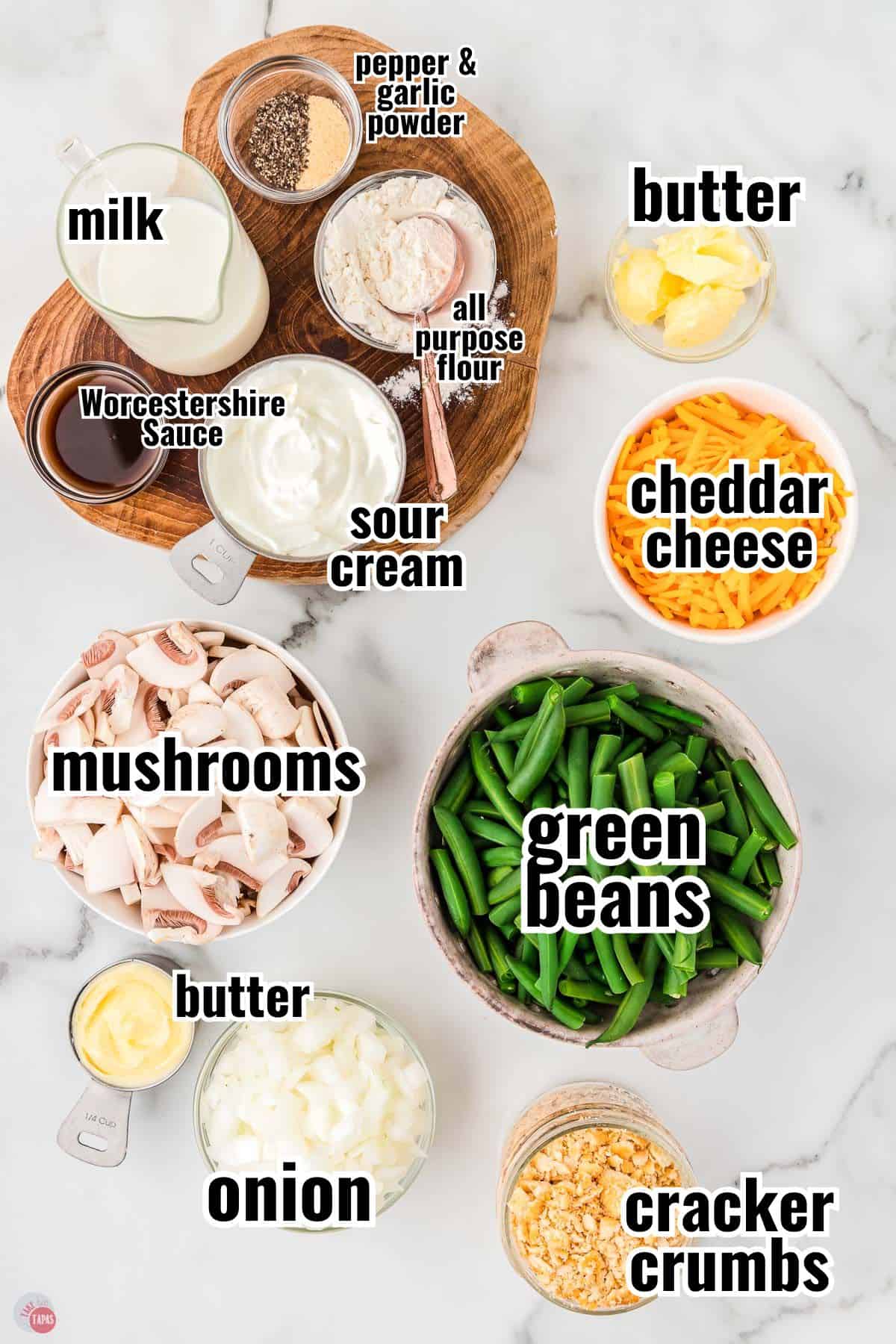 ingredients for a casserole recipe in individual bowls with text overlay labeling them