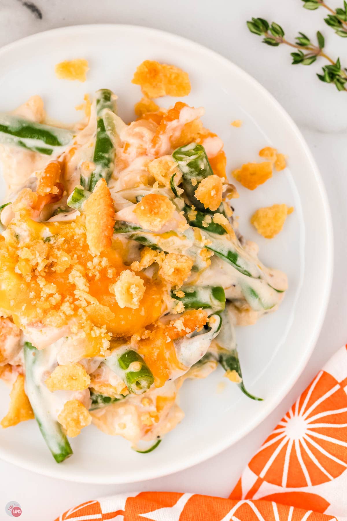 overhead picture of plate of green bean casserole