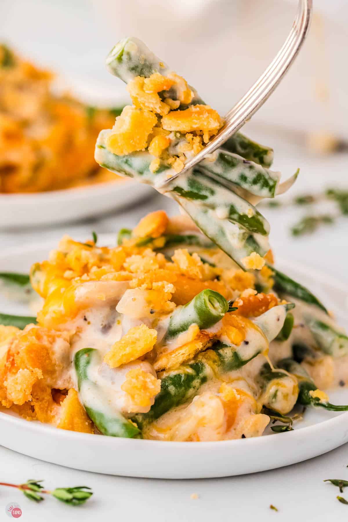 close up of bite of green bean casserole