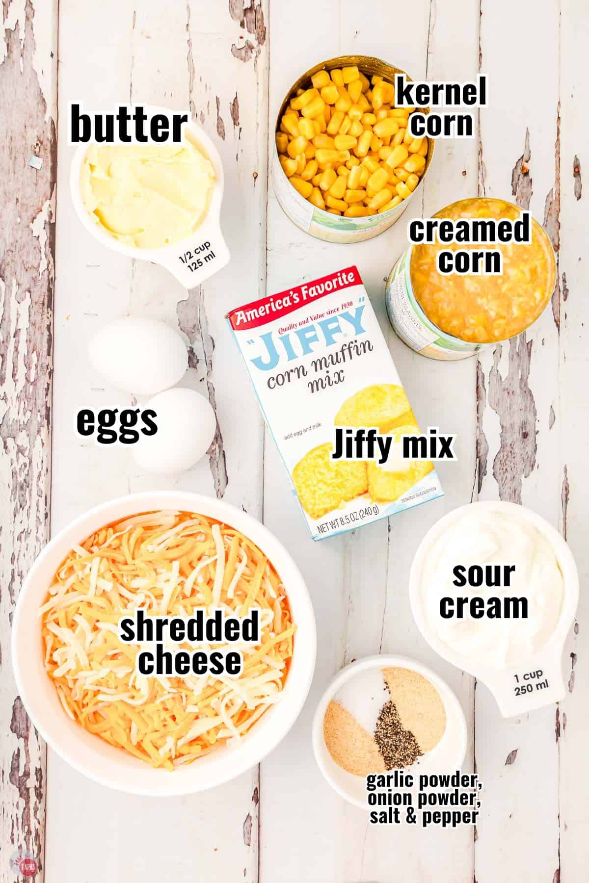 ingredients for a casserole in individual bowls with text overlay labeling them