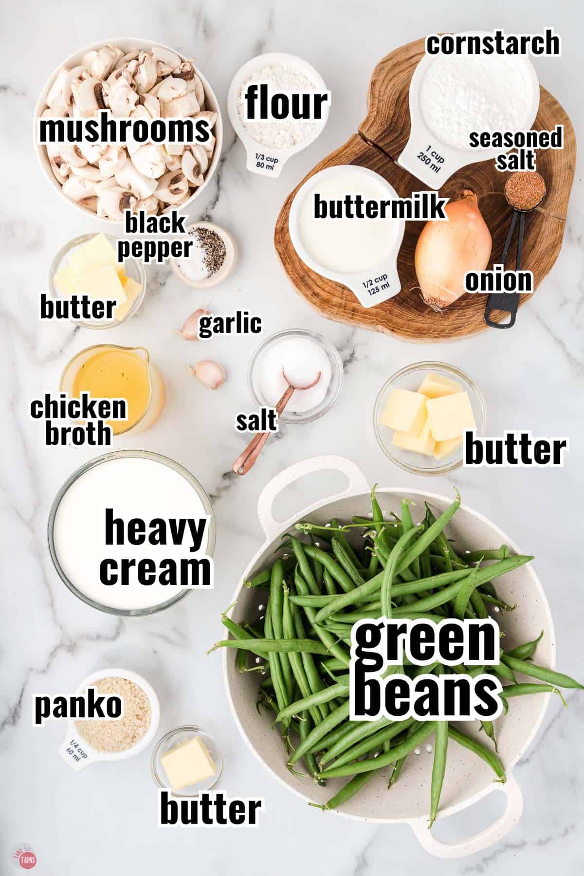 ingredients for copycat green bean casserole in individual bowls with text overlay labeling them