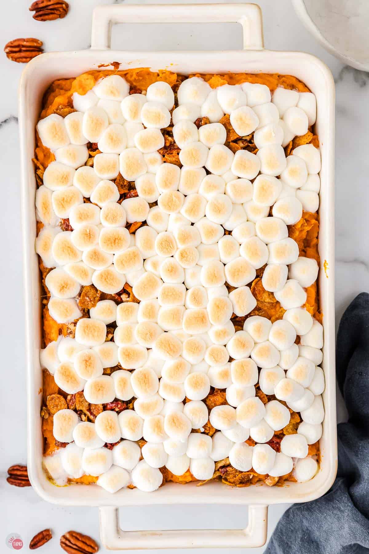 overhead picture of bakes sweet potato casserole with roasted marshmallows