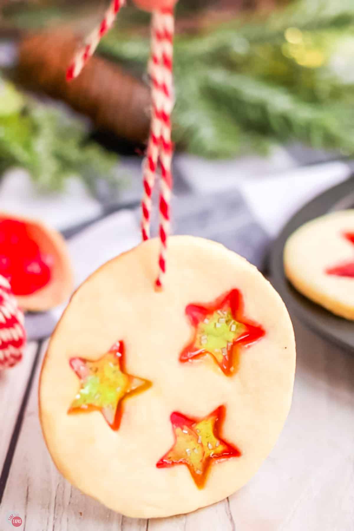 stained glass cookie with string in it hanging from a tree