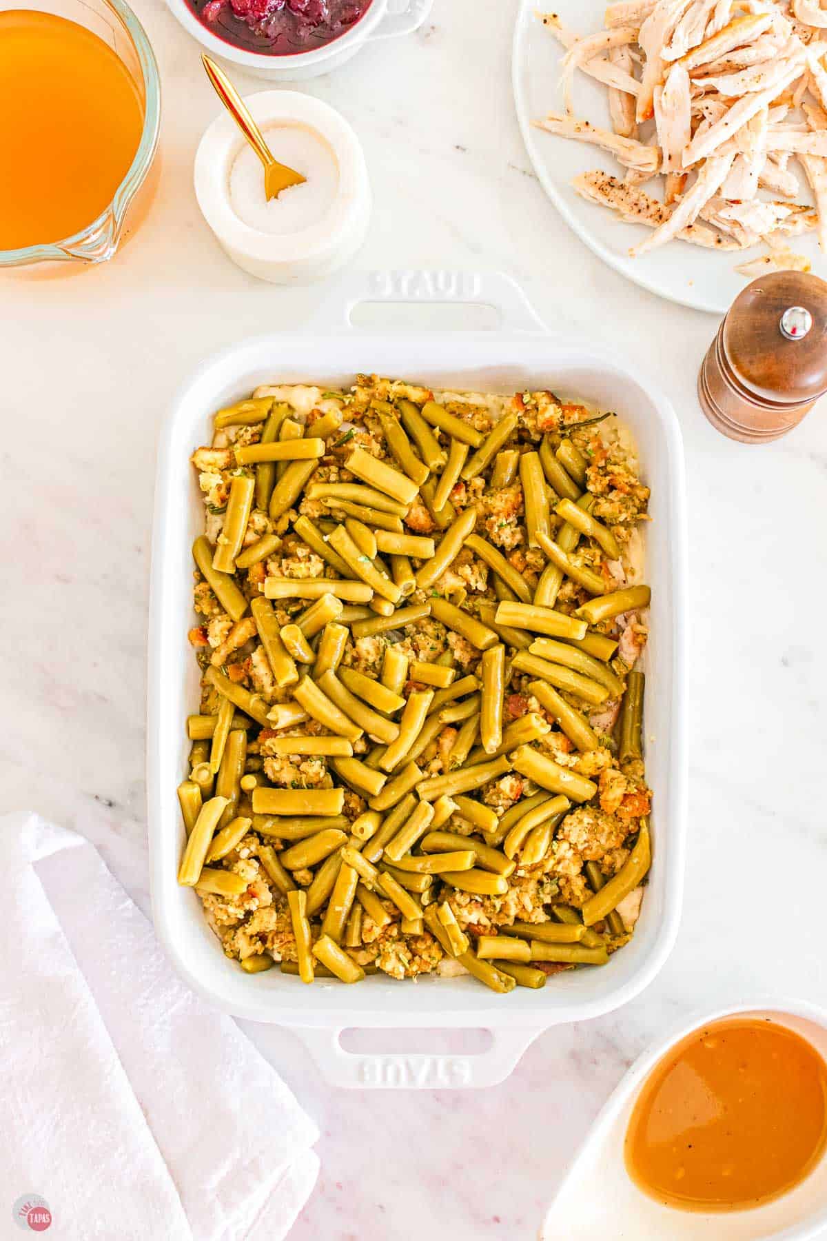 casserole dish with green beans and stuffing