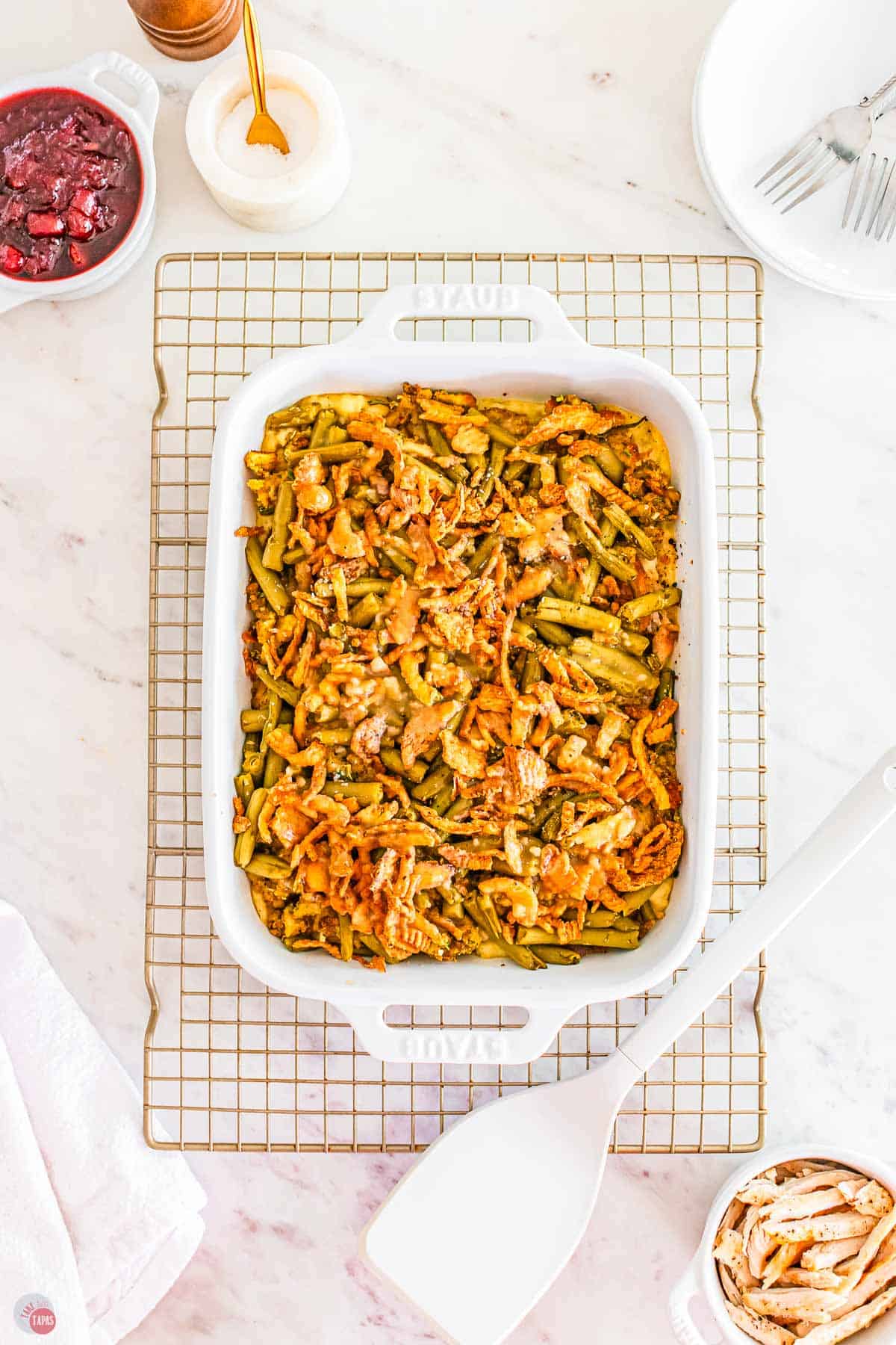 baked leftover Thanksgiving casserole in a white dish