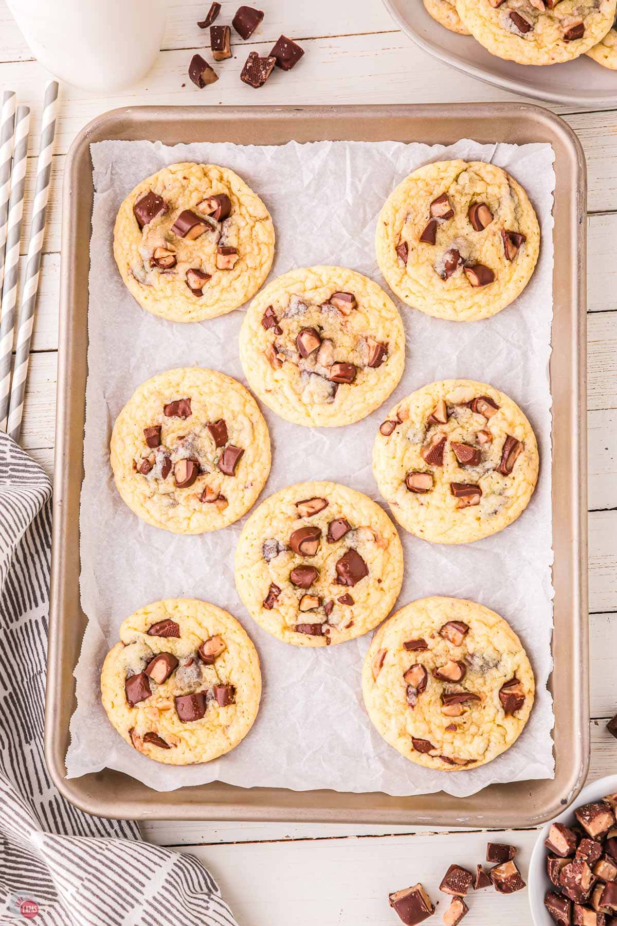 toffee cookies on a baking sheet with parchment paper