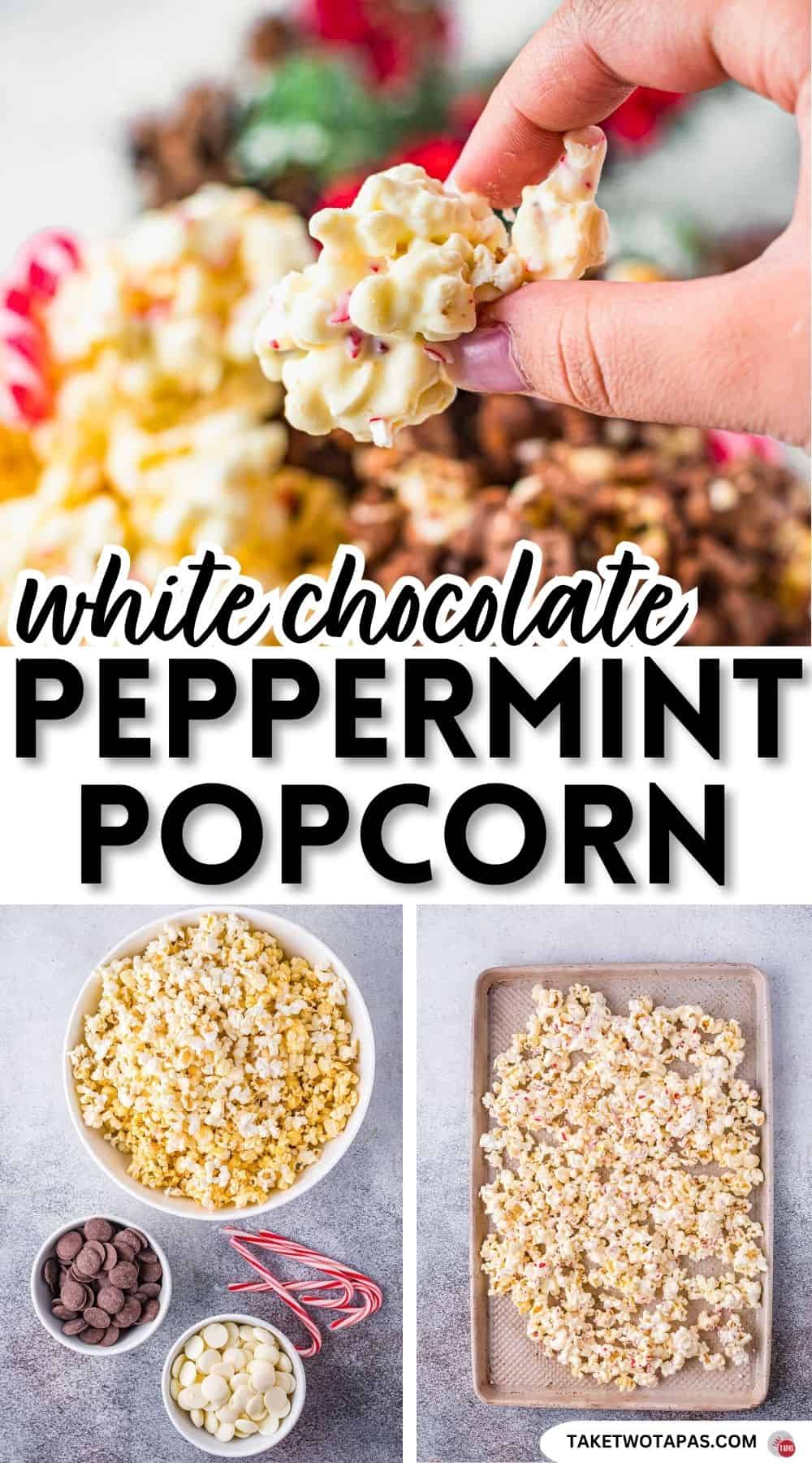 Pinterest pin image for chocolate peppermint popcorn recipe