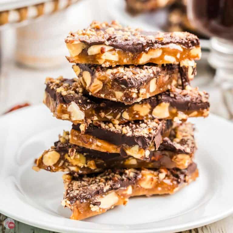 stack of almond roca on a white plate