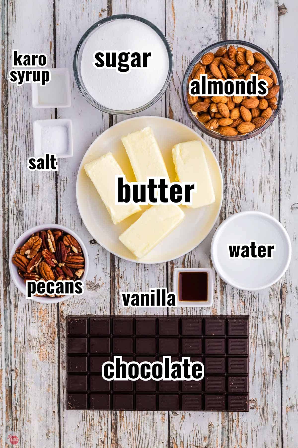 ingredients for almond toffee recipe in individual containers with text overlay labeling them