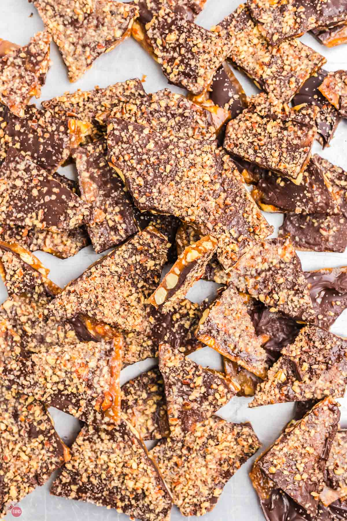 close up of broken pieces of almond roca