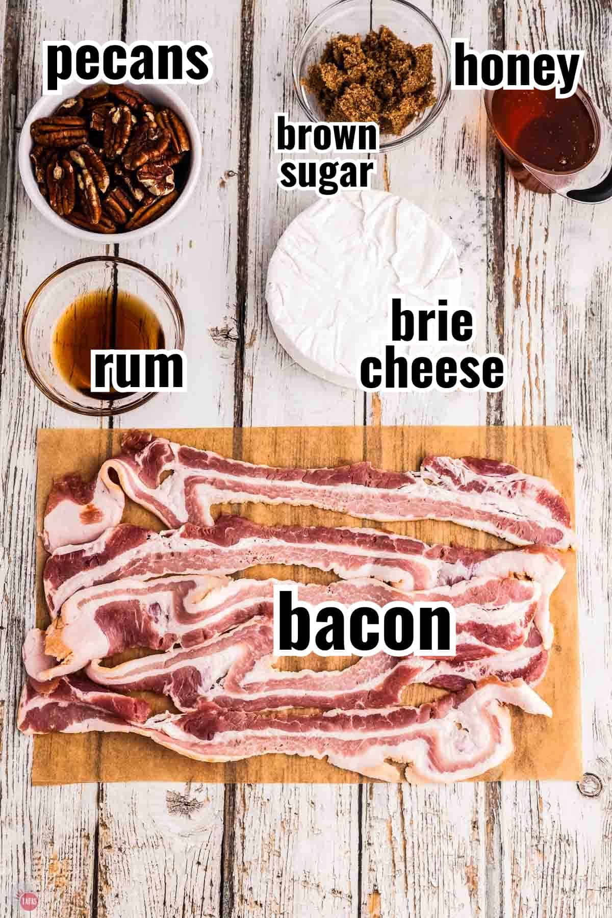 ingredients for a baked brie recipe with text overlay labeling them