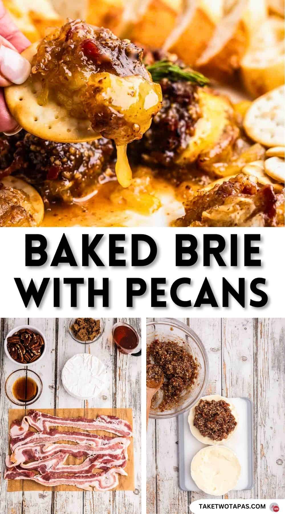 Pinterest pin image for baked brie with pecans recipe