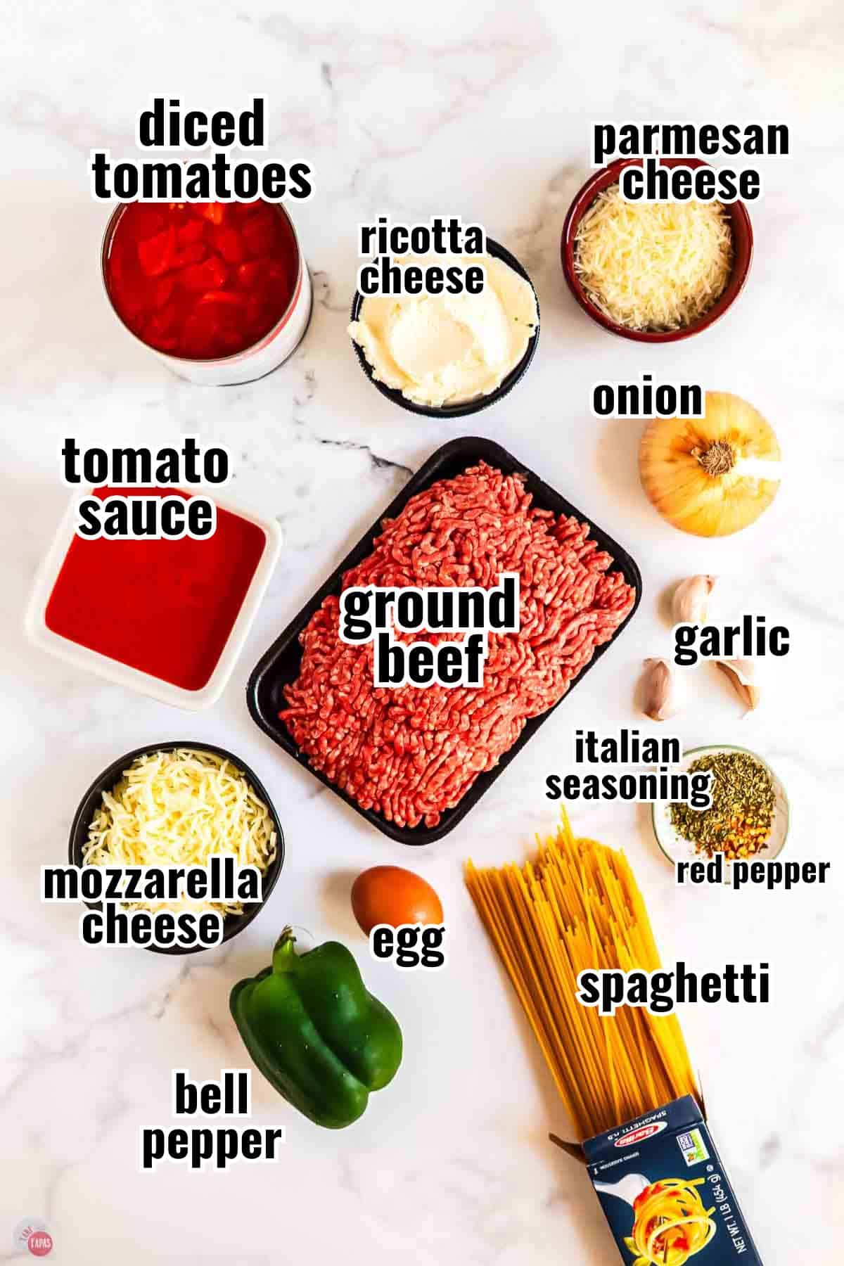 ingredients for a baked spaghetti recipe with text overlay labeling them