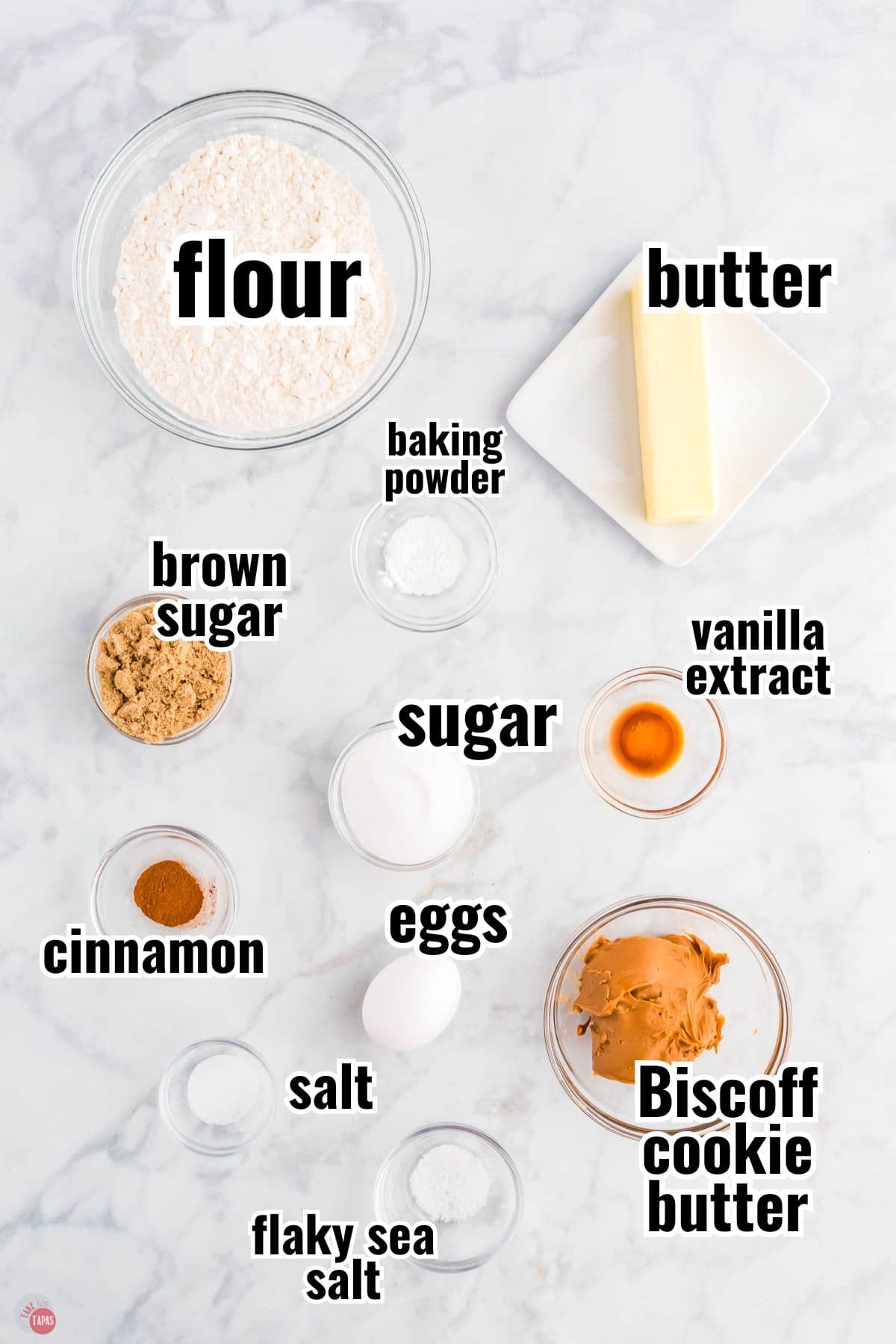 ingredients for cookie recipe with text overlay labeling them