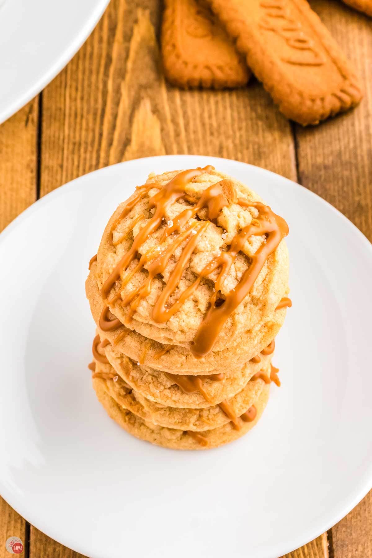stack of cookies on a white plate