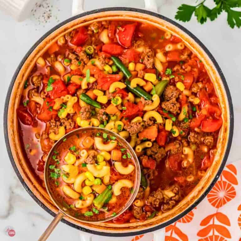 pot of busy day soup with a ladle