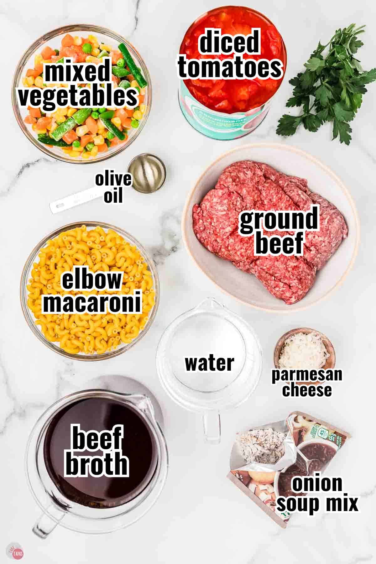 ingredients for a soup recipe in individual bowls with text overlay labeling them