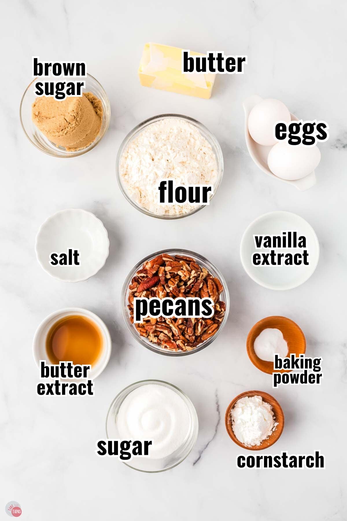 ingredients for a cookie recipe with text overlay labeling them