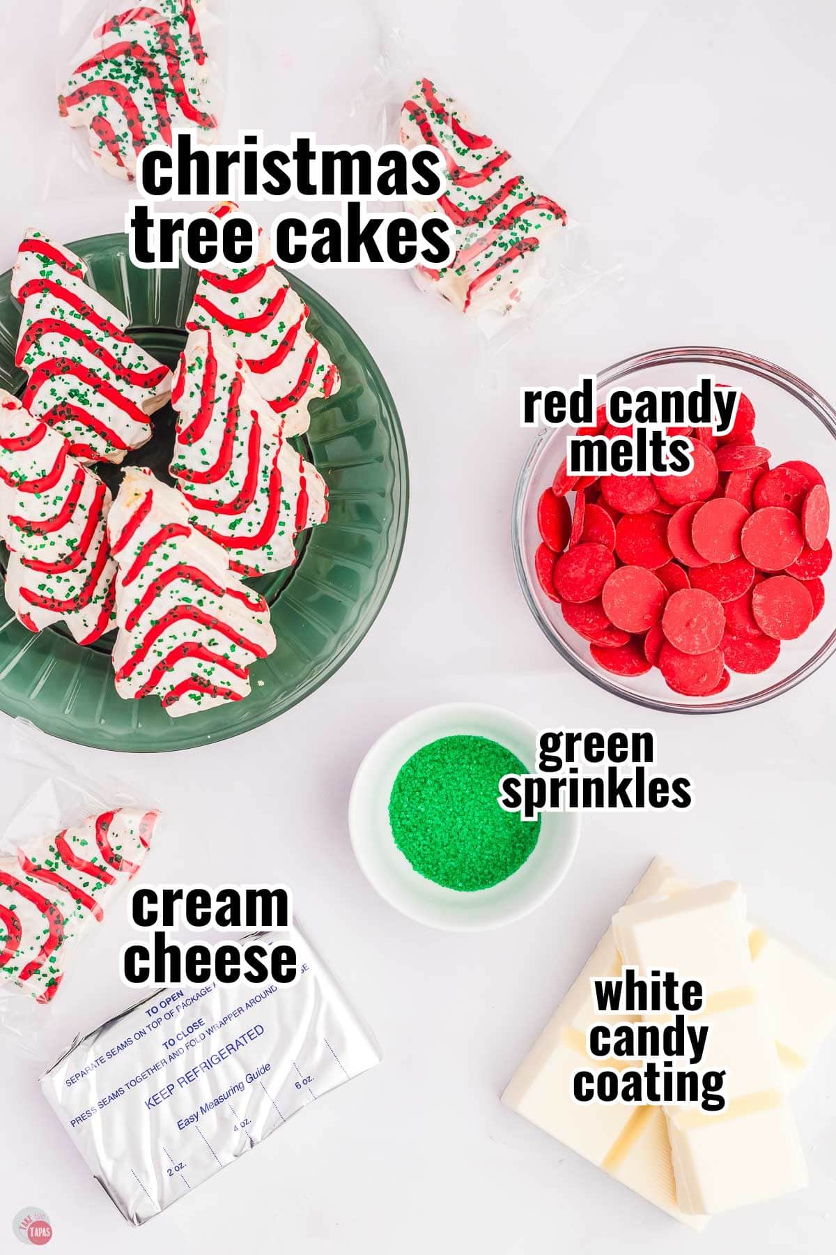 ingredients for cake balls in individual bowls with text overlay labeling them