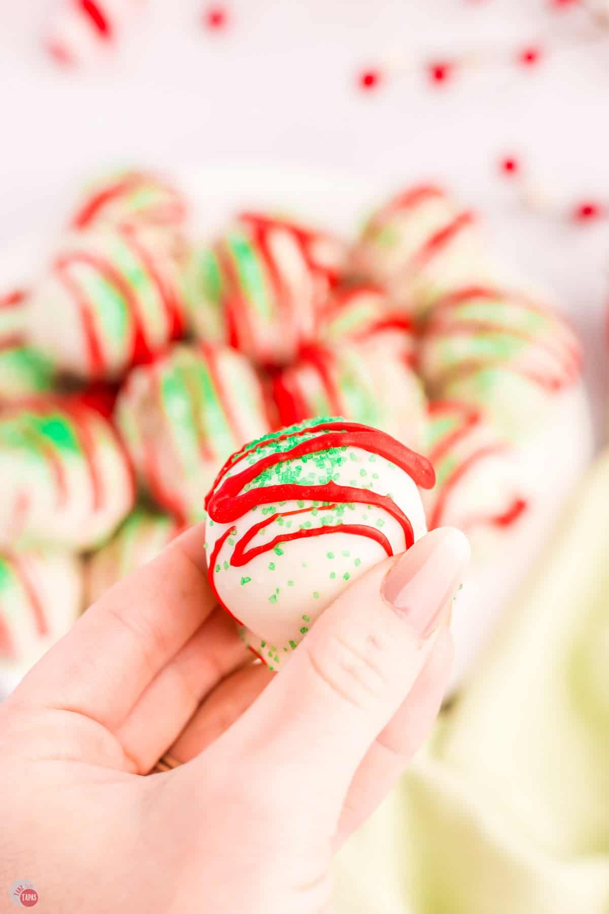 hand holding a cake ball with red stripes and green sprinkles