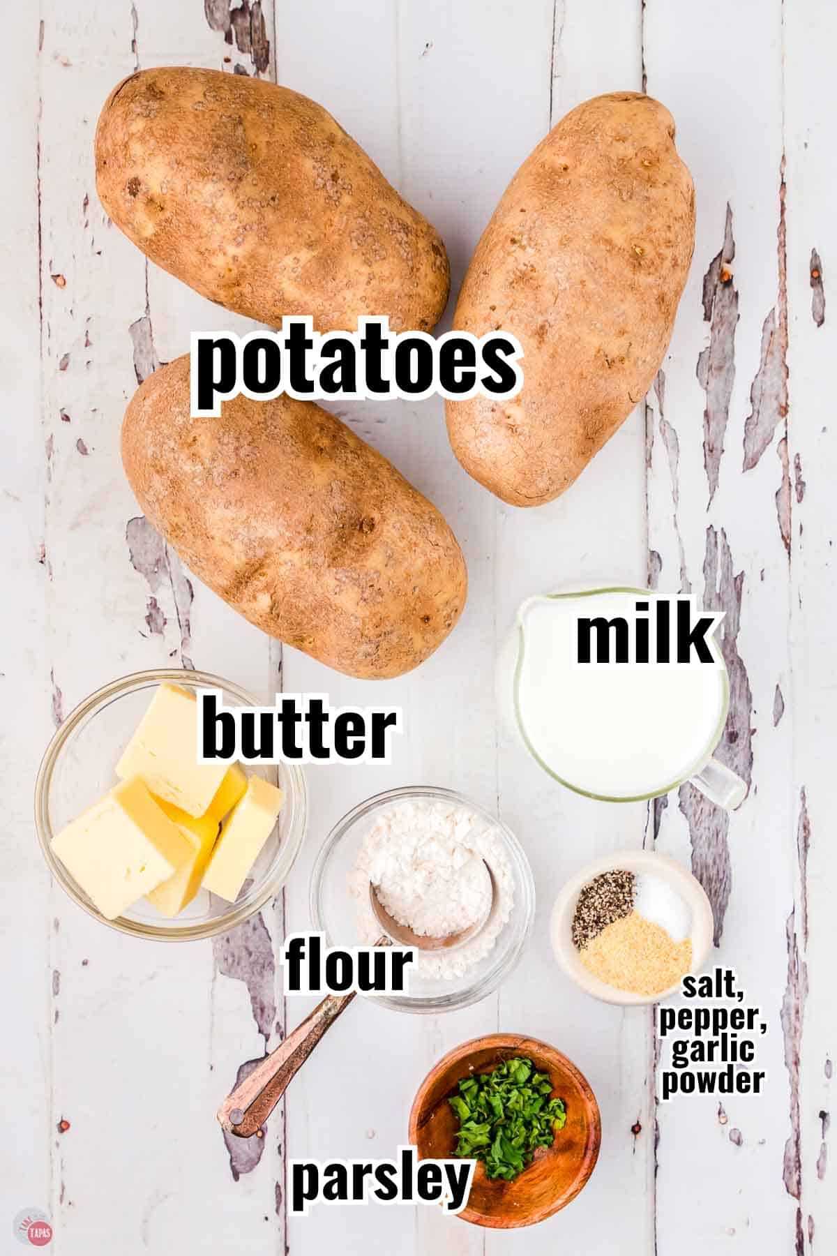 ingredients for a potato recipe with text overlay labeling them