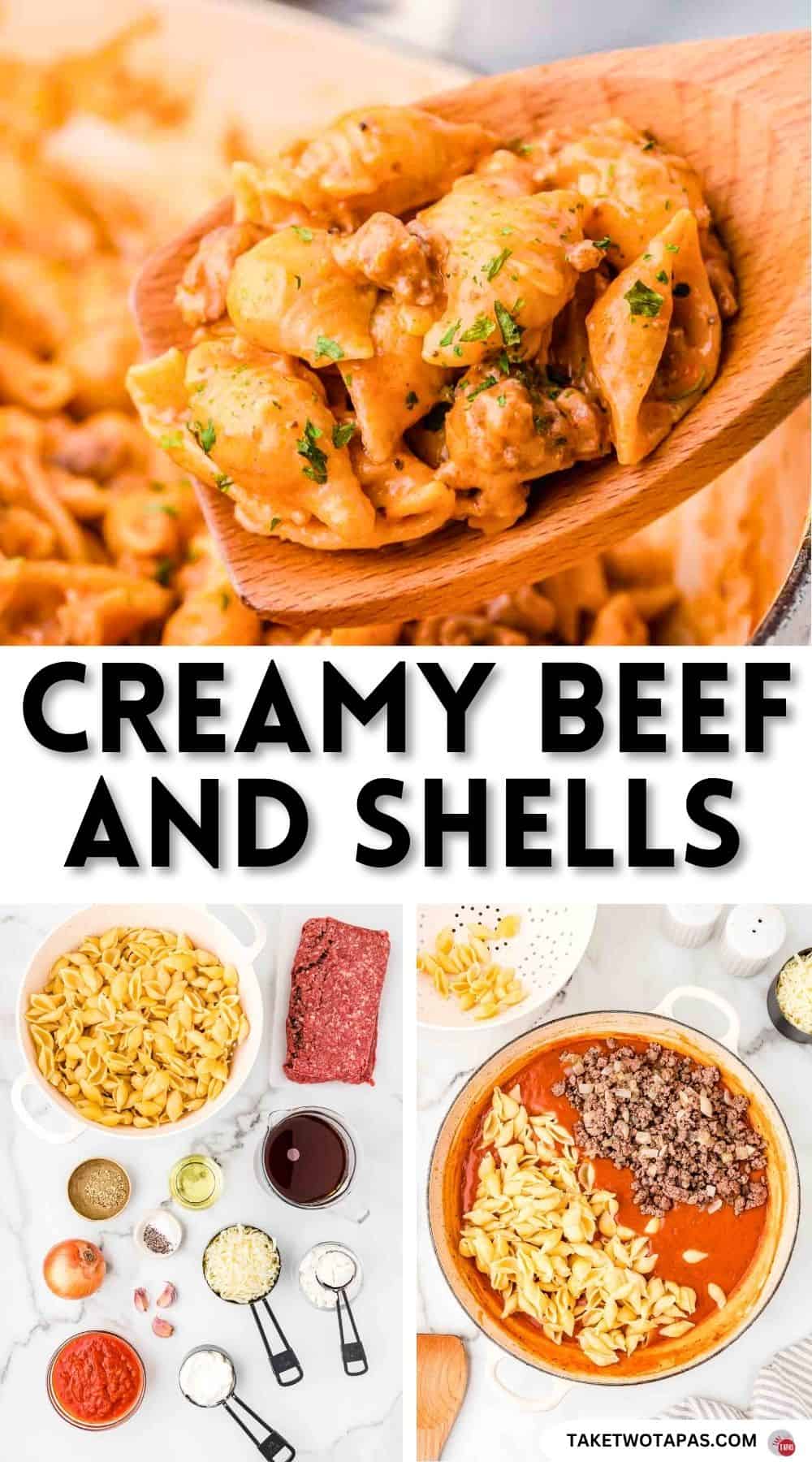 Pinterest pin image for creamy beef and shells recipe