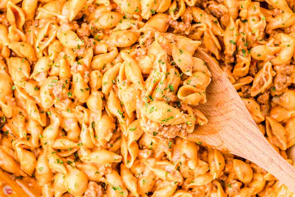 close up of beef and shells recipe