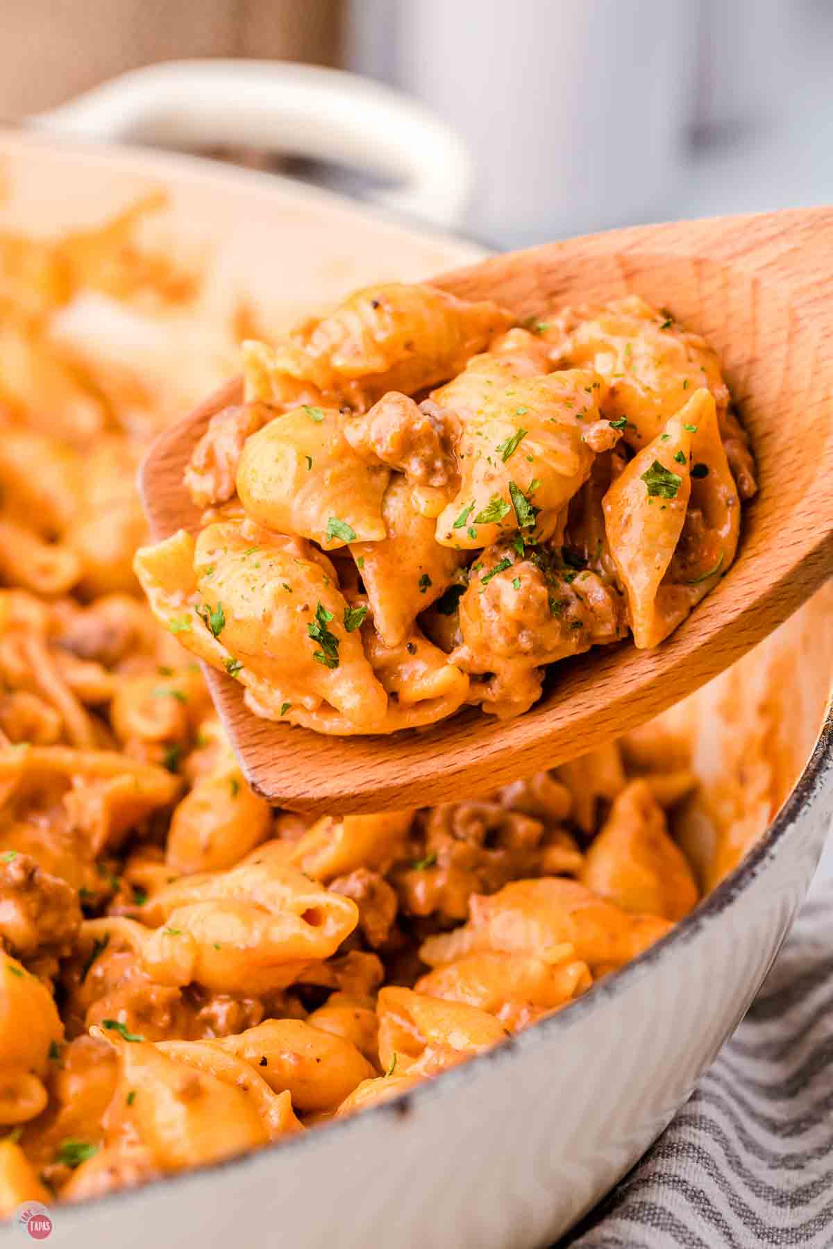 close up of wood spoon with creamy pasta on it