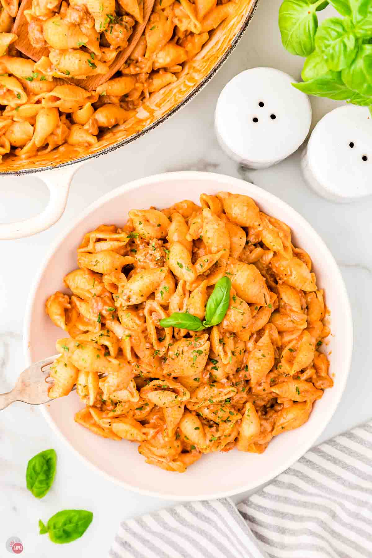 plate of pasta next to a pot and salt shaker