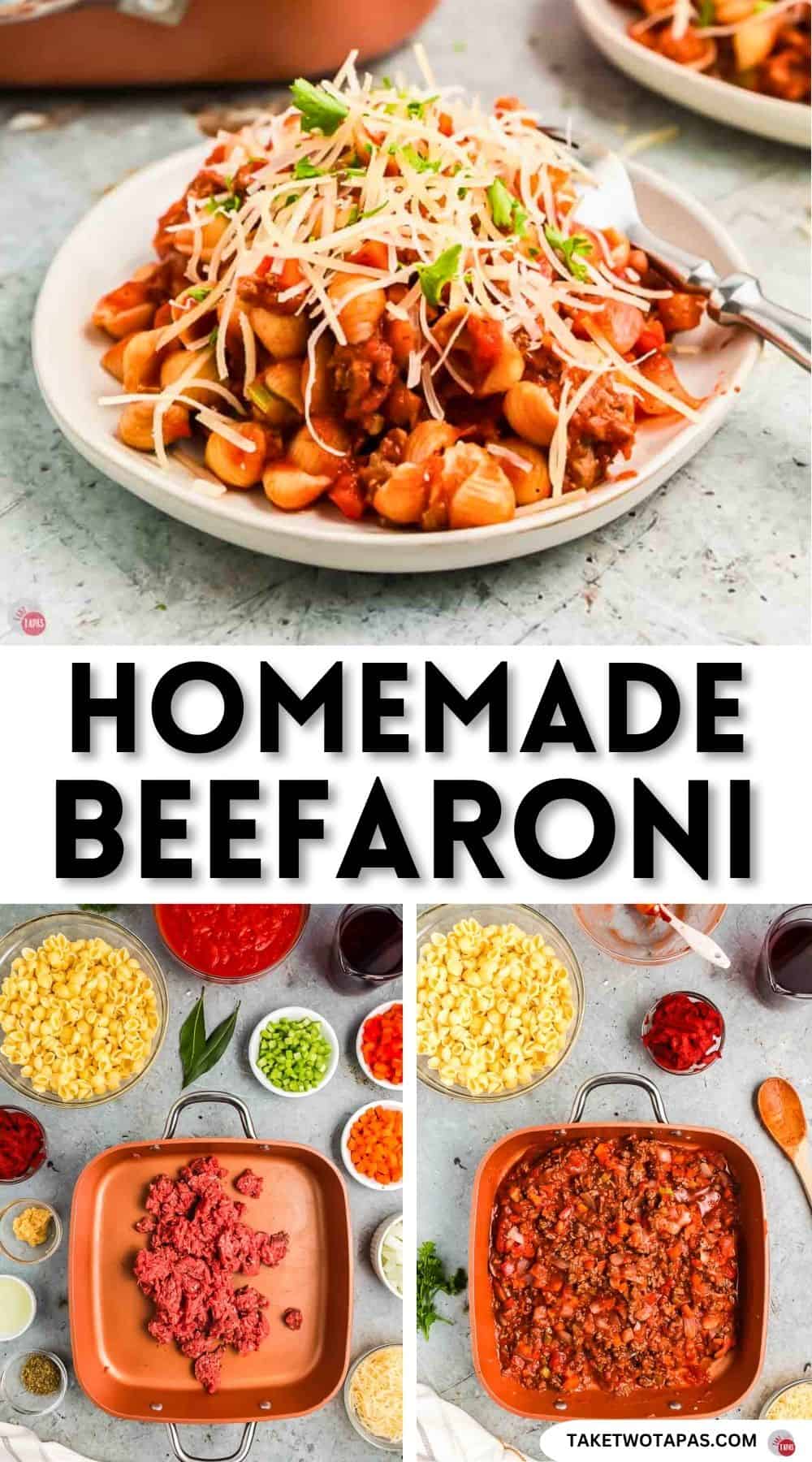 Pinterest pin image for homemade beefaroni recipe